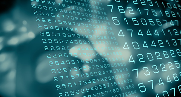 A digital display of glowing blue numbers representing data and computer algorithms.